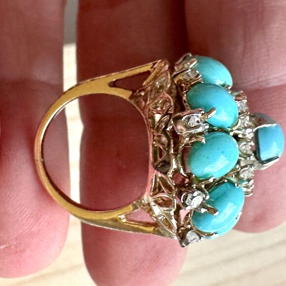 Vintage Diamond Turquoise Cocktail Ring Bombe Style - Picture 5 of 9
